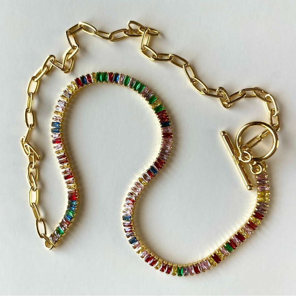 ✨New Multi Colored CZ Baguette Gemstones on 18K GP Paper Clip Toggle Necklace